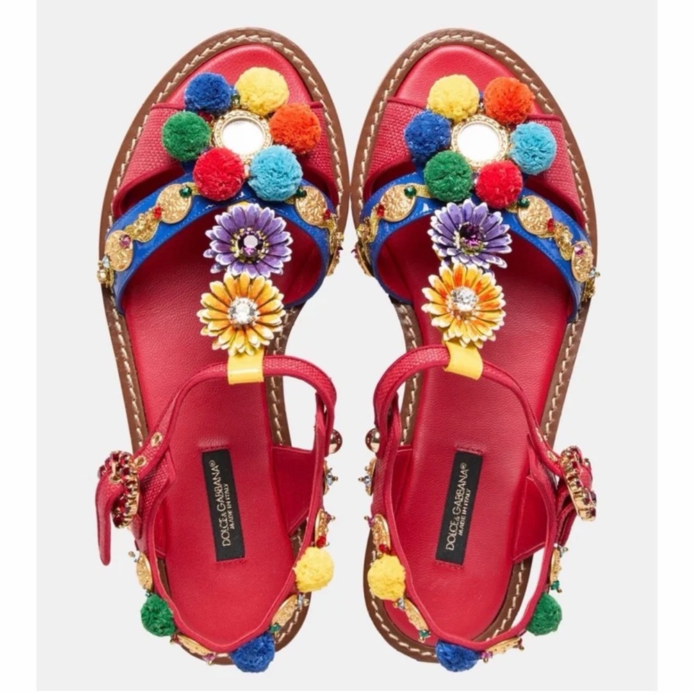 Dolce & Gabbana Red Sandals with Multicolor Pom Poms
